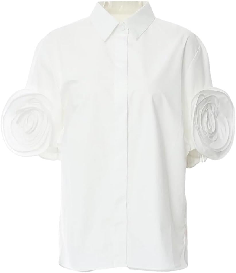 Women's White Floral Blouse Single Breasted Petal Sleeve Shirt Loose Fit Flower Top