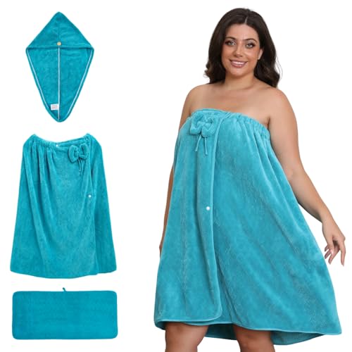 Emdelifo Badetuch-Wickeltuch in Übergröße für Damen (XXL-XXXXL), übergroßes Dusch-Wickelkleid, Spa-Bademantel, bequemer, Verstellbarer Körperwickel + Haartrockentuch + Handtuch (Blue, 210cmX80cm)