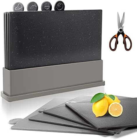 Myiosus Index Chopping Board Set with Stand, 4pcs Plastic Colour Coded Chopping Mats with Food Icons, BPA-Free Cutting Boards for Kitchen, Dishwasher Safe, 31.5 x 21.5 x 5 cm