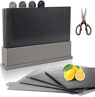 Myiosus Index Chopping Board Set with Stand, 4pcs Plastic Colour Coded Chopping Mats with Food Icons, BPA-Free Cutting Boards for Kitchen, Dishwasher Safe, 31.5 x 21.5 x 5 cm