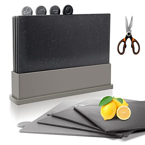 Juego de 4 tablas de cortar de plástico con soporte, juego de 4 tablas de cortar pequeñas con índice de color codificado con icono de alimentos y soporte de drenaje, sin BPA, apto para lavavajillas