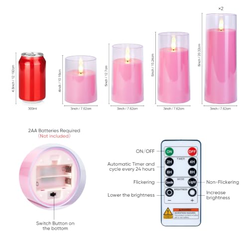 Image of Raycare Battery Operated Flameless Pillar Candles with Remote Timer, Pink | LED Acrylic Candle, Romantic Ambience for Valentine's Day, Birthday Parties, Wedding Settings, Christmas Home Decor, Set of 5