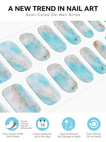 EBANKU Semi Cured Gel Nail Strips, 20PCS Sea Marble UV Gel Nail Stickers Summer Gel Nail Wraps for Home Nail DIY Salon-Quality Nail Strips with Nail File, Nail Stick- UV Light Required
