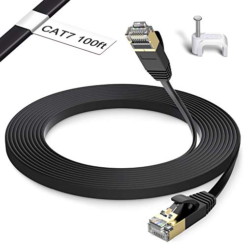 Ethernet Cable 100 ft High Speed - Cat7 100 Foot Flat Internet Network Cable with RJ45 Connectors, Clips & Labels - Cat 7 Long Computer LAN Wire for Laptop, PC, Router, Modem, Printer, TV - Black