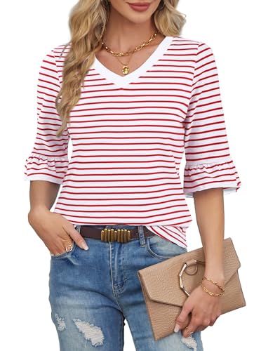 LilyCoco Womens Striped Shirt Ruffle 3/4 Sleeve Casual V Neck T Shirts