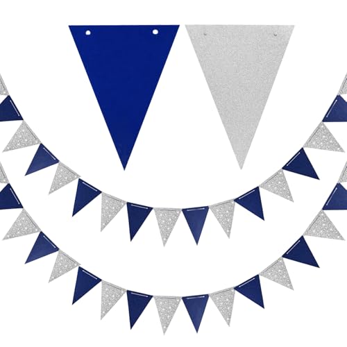 GAKA FAVOR Wimpelkette Girlande Marine Blau & Silber, 10 Meter Wimpel Dreiecksflagge Papier Banner für Party Dekorationen(30 Flaggen)