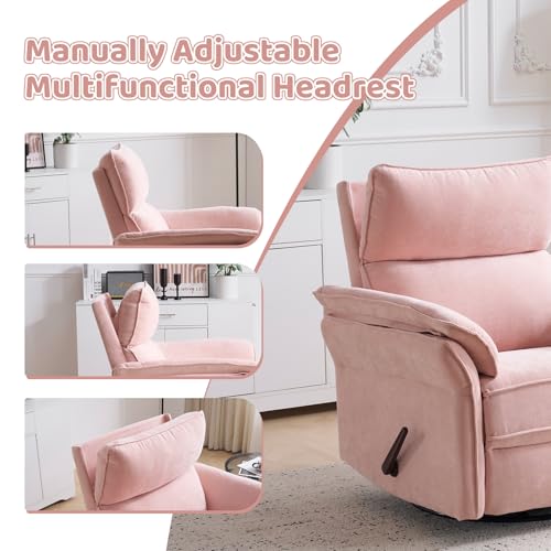 Image of Swivel Rocker Recliner with Adjustable Headrest,Upholstered Glider Rocker Recliner with Overstuffed Armrest,Manual Recliner Nursery Chair for Living Room,Pink