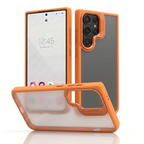 Image of amazon basics Frosted Matte Case for Samsung Galaxy S23 Ultra 5G | Built-in Flip-Out Camera Lens Stand | Translucent Back with Contrast Orange Bumper | Foldable Kickstand
