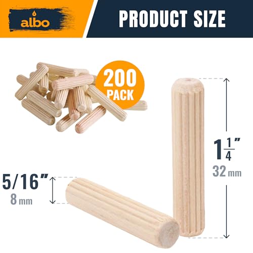 ALBO Wooden Dowel Pins 5/16 x 1 1/4 inch Fluted Wood Dowels Rods 200 Pack Hardwood Crafts Dowel Pegs