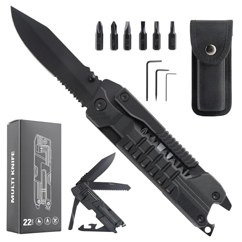 Multitool Knife with Nylon Pouch, 22 in 1 EDC Multi Tools with Fire Starting Sticks, Bottle Opener, Whistle, Pocket Knife and Window Breaker, Perfect for Survival, Outdoor and Everyday Use