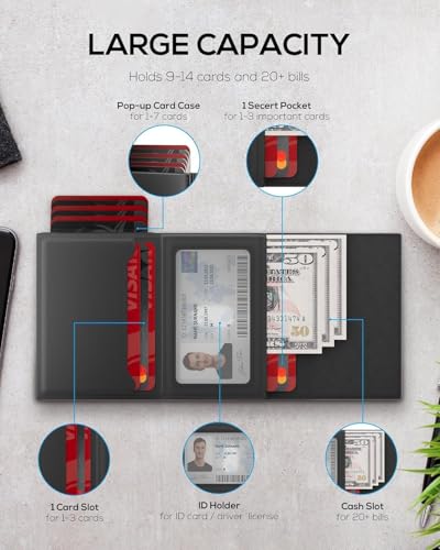 كاستويف محفظة حامل بطاقات للرجال - حافظة بطاقات رفيعة منبثقة مع حجب تحديد الهوية بموجات الراديو، جلد محبب علوي، نافذة لبطاقة الهوية، فتحة للنقود - محفظة جيب امامي بسيطة تسع 9-14 بطاقة (اسود)