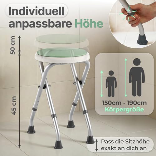 Senvita® Duschhocker Klappbar, 360° Drehbar & 160kg Belastbar | Duschstuhl für Senioren | Höhenverstellbare, rutschfeste Duschhilfe mit Sitzkissen | Badhocker & Badewannensitz