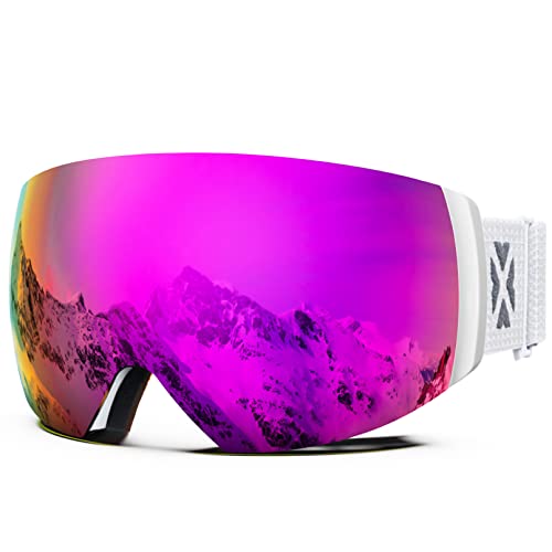 MAXJULI Ski Goggles Men Women,OTG Snow Goggles with Magnetic Interchangeable Anti-Fog HD Lens UV Protection (White Frame/Fuchsia Lens)
