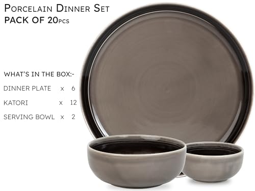Image of Bodhi House Handcrafted Chip Resistant Porcelain Dinner Set, 20 Pieces Dish Set Serving for 6, Microwave and Dishwasher Safe, Bone-ash Free, Crockery Set for Dining and Gifting, Smoke Grey
