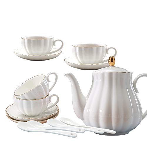 YoungQI Porcelain Tea Coffee Sets with Teapot Teaspoons 8 OZ Cups & Saucer Service for 4 (White set for 4)