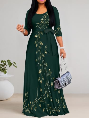 Image of Maxi Dress for Women with Sleeves, Empire Waist Dress | A-line shape, self-tie belt, side pockets and pull-on design; stretch fabric for church, work and casual wear
