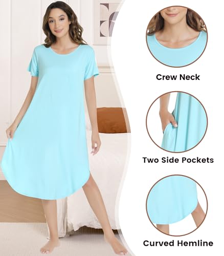 Image of NACHILA Nightgowns for Women-Viscose Made from Bamboo, Short Sleeve Nightshirts Cool Sleep Dress Long Sleep Shirt