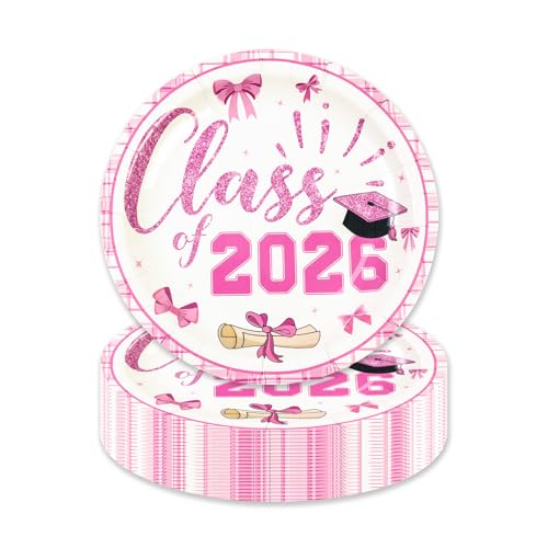 LDFDRT Pink Graduation Decorations 2026 Paper Plates 48 Pack, Disposable Graduation Plates, Rose Gold Party Supplies for Class of 2026 Grad Party