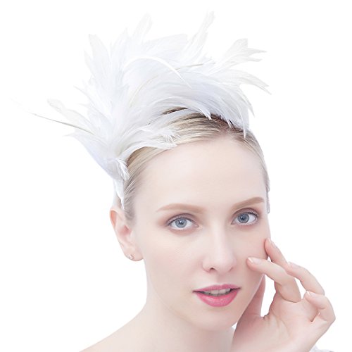FELIZHOUSE 1920s Fascinator with Feathers Headband for Women Wedding Tea Party Headwear (White)