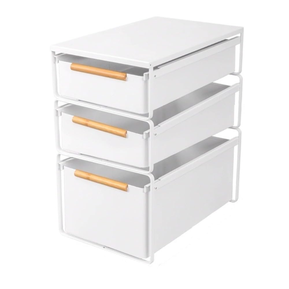 Lirhiqygf Narrow 3-Layer [Short + Short + High + Lid] White Stackable Closet Organizer Drawer, Pull-Out Storage Basket With Wood Handle, Carbon Steel Wardrobe Bin (Narrow 3-Layer [Short + Short + High + Lid] White)