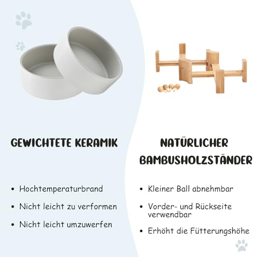 SPUNKYJUNKY 15° Kippbare Keramik Hundenapf mit Holzständer Futter und Wassernapf rutschfest für Hunde und Katzen mit Flachen Gesichtern Kleinen und Mittelgroßen Hunden (400ml × 2, Grau)