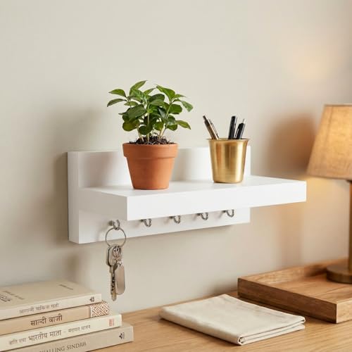 Image of DFC Element Simplex Key Holder for Home Wall Mounted with 5 Key Knobs Engineered Wood Key Hanger Wall Mount Compact Stylish Key Organizer Matte Finish, Classic White