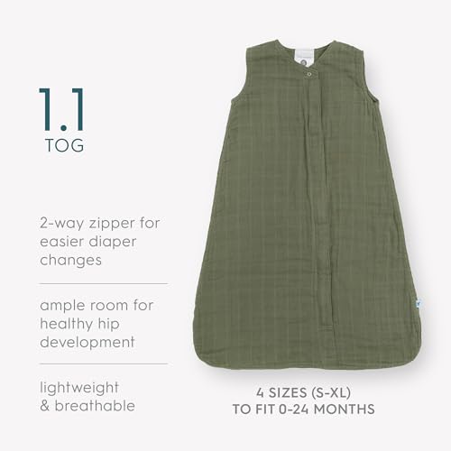 Image of Little Unicorn 6-12 Month Premium Muslin Sleep Sack 1.1 TOG | Soft & Breathable Muslin Cotton for safer sleep | 2 way zipper (Fern)