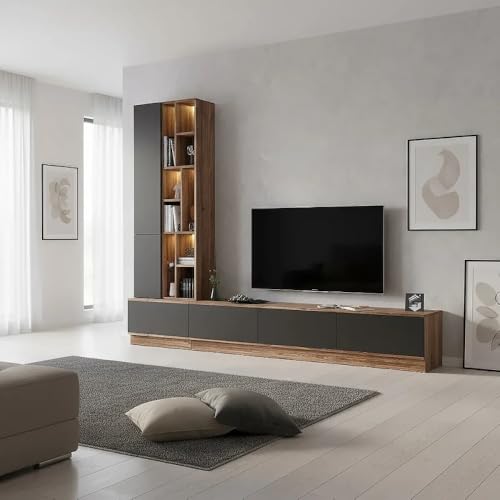 Stylish Home طاولة تلفزيون بني و رمادي من 4 قطع شاملة الأرفف موديل 61 شاملة الاضاءة