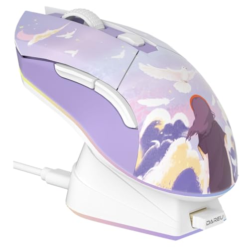 DAREU Kabellose Gaming Maus mit Ladestation, Wiederaufladbar, RGB, 12.000 DPI, 7 Programmierbare Tasten, Hochpräziser Sensor [300 IPS] [1000 Hz] für PC, Notebook und Mac