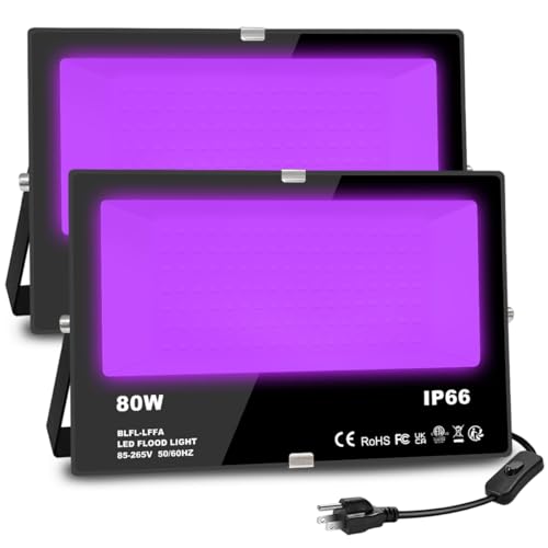 MELPO Black Light 80W Blacklight Flood Light Outdoor for Glow Party, Halloween Decoration, Body Paint, Fluorescent Poster, Stage Lighting,Neon Glow, IP66, US-Plug-Switch-5.9Ft Cord (2 Pack)
