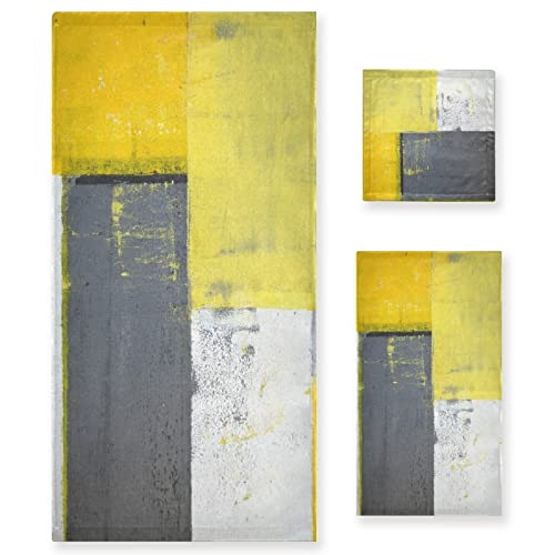 Hatesah Yellow And Grey Bath Towels Set,Soft Highly Absorbent Abstract Art Bathroom Towel Set 3 Pcs,1 Bath Towel,1 Hand Towel,1 Washcloth,Decorative Bath Towels Sets For Bathroom,Spa,Hotel,Gym,Yoga #TOP3