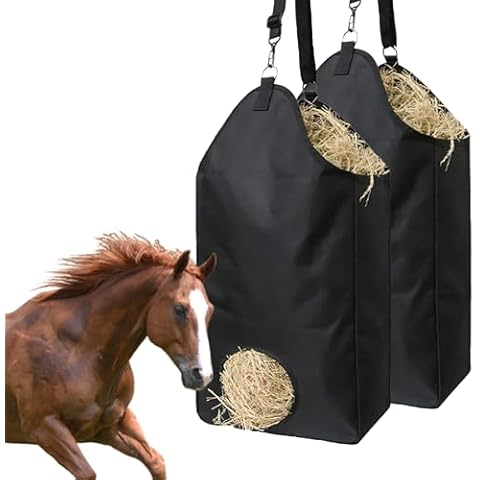 Achicklead Slow Feed Hay Net Hay Feeder Hay Bags 2 Pcs for Horses Goat Stall Trailer Horse Feeding Supplies Adjustable Travel Feeder Large Capacity Feeding Bag(Black X2) Cover