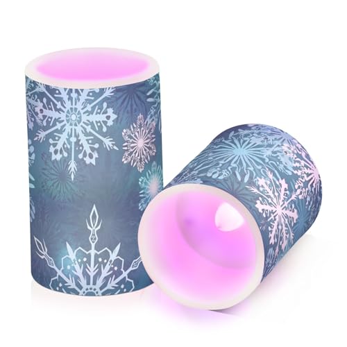 Image of Christmas Flameless Candles Teal Blue White Snowflake Pillar Candles Set of 2 Battery Operated Remote Control Warm Lights Home Decor