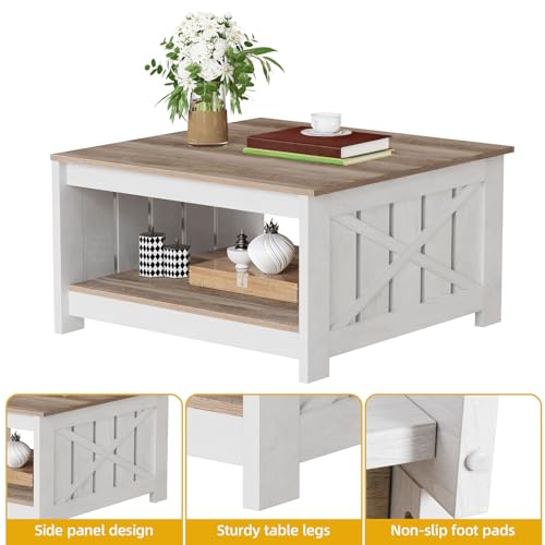 DWVO Square Coffee Table for Living Room, Farmhouse Coffee Table with Storage, 2-Tier Wood Coffee Tables Center Table with Half Open Storage Compartment, Grey Wash by DWVO - Image 5