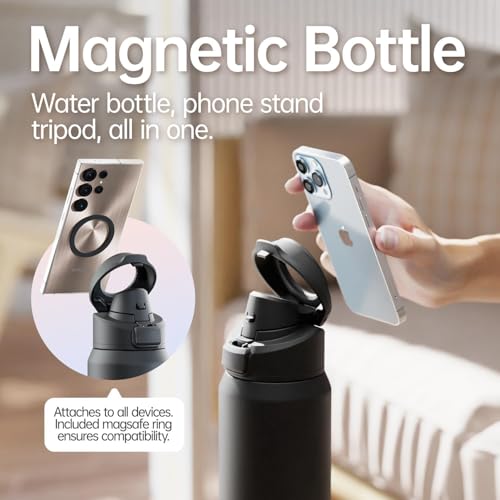 Magcheer Trinkflasche mit Handyhalterung 750ml Magnetische Wasserflasche 360° Verstellbar Flasche Magnet Auslaufsichere Edelstahl Isolierflasche für Sport Fitness (Schwarz)