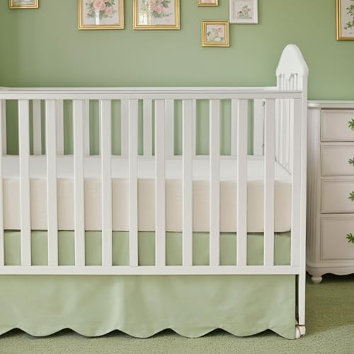 Image of Brandream Scallop Edge Cotton Crib Skirt Toddler Bedskirt Baby Nursery Crib Bed Skirt Gender Neutral Solid Color Light Green Farmhouse Chic Boho Bohemian Skirt