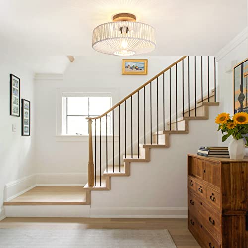 Desgnt Woven Rattan Ceiling Light Fixtures,Boho Semi Flush Mount Ceiling Light,Hand-Woven Cage Natural Wicker Bedroom Light Fixture For Hallway Entryway Corridor Balcony Laundry Room #TOP4