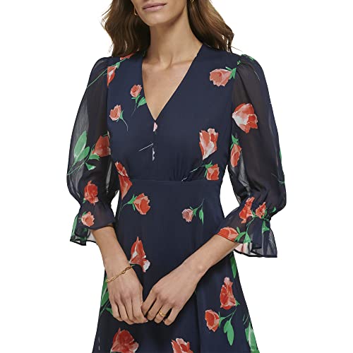 Image of DKNY Women's V-Neck Balloon Sleeve with Ruffle Hem