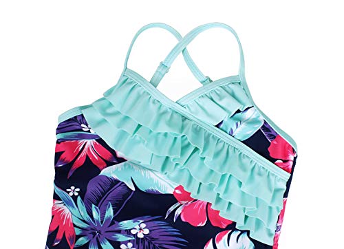 Jurebecia meninas Uma Peça de Fato de Nado Cruzada Floral Padrão Floral Bolo Azul Bolo Vestido Hem,1