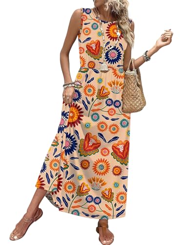 Womens Summer Dresses Maxi Sundress Flower Floral Dresses Plus Size Spring Clothes Beach Vacation Outfits Fashion Clothing Sleeveless XL