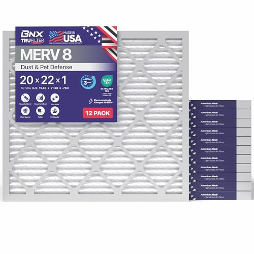 Image of BNX TruFilter 20x22x1 Air Filter MERV 8 (12-Pack) - MADE IN USA - Dust & Pet Defense Electrostatic Pleated Air Conditioner HVAC AC Furnace Filters for Dust, Pet, Mold, Pollen MPR 600 - 700 & FPR 5