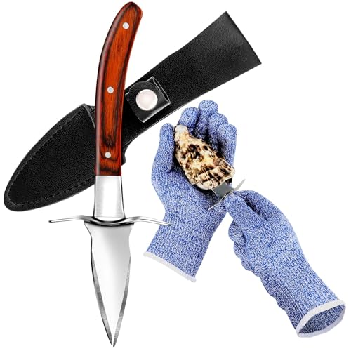 Oyster Knife and Gloves Set, Oyster Opener Tool Kit with Oyster Shucking Knife and Cut Resistant Level 5 Protection Gloves, Clam Oyster Shucker Knives with Hand Guard, Seafood Tools Gift Set of 2