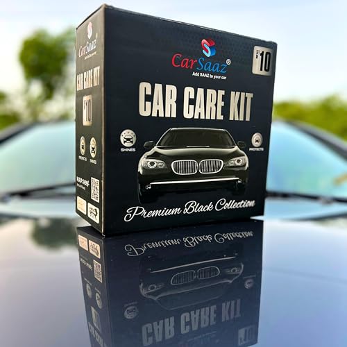 Image of CAR SAAZ Car Care Kit (Pack of 10 Pcs) | Includes: All in One Polish, Dashboard Polish, Upholstery Cleaner, Shampoo, Tyre Shiner (200ml Each), 5 Applicators & Cloth | Car Polish Kit | Clean & Protects