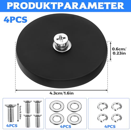4 Starker Magnet mit Gewinde,43mm Magnet Gummiert mit M4 Schrauben,Neodym Magnete Gummiert,Anti-Rutsch Magneten Magnetfuß,Magnete zum Schrauben für Lichtleisten Fahrzeuge(Extra Stark 15kg Haftkraft)