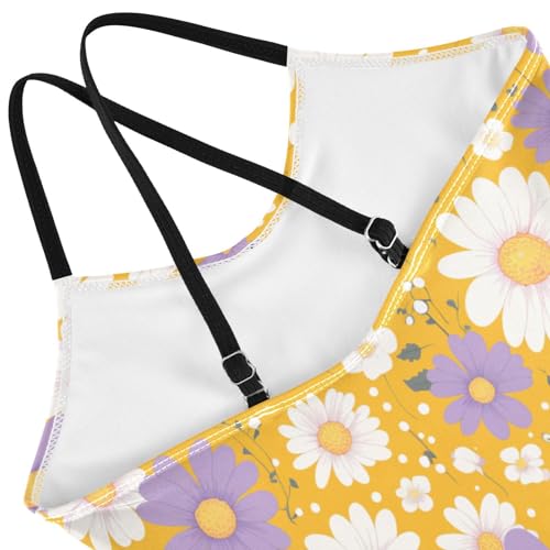 Polka Dots and Tender Chamomile Flowers Kids Girls 1-Piece Swim Suit Summer Swimming Suits Adjustable Strap Cute4