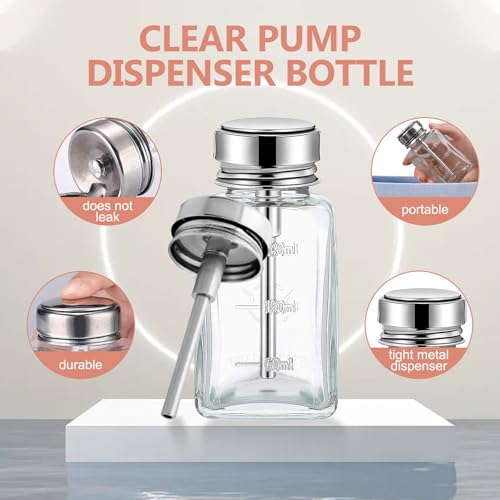 6 Oz/ 180 ml Clear Push down Pump Dispenser Glass Pump Bottle Dispenser with Metal Flip Cover Acetone Pump Dispenser Bottle Push down Press Container for Makeup Remover2