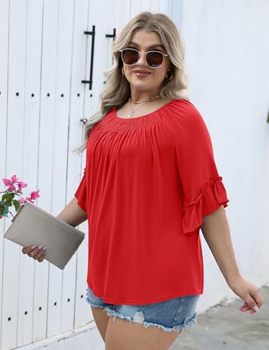 Image of Micoson Womens Plus Size Tops 3 /4 Ruffle Sleeve Crewneck Pleated Shirts