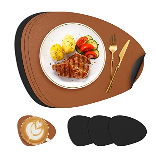 Allinside Ensemble de 4 Sets de Table et sous-Verres en Cuir PU, Résistants à la Chaleur et Antidérapants pour Le Comptoir de la Cuisine, la Table à Manger, la Table Basse -- Noir et Marron Cover