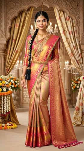 Image of VFCollections Women's Kanchipuram Silk Pure Pattu Sarees With Blouse