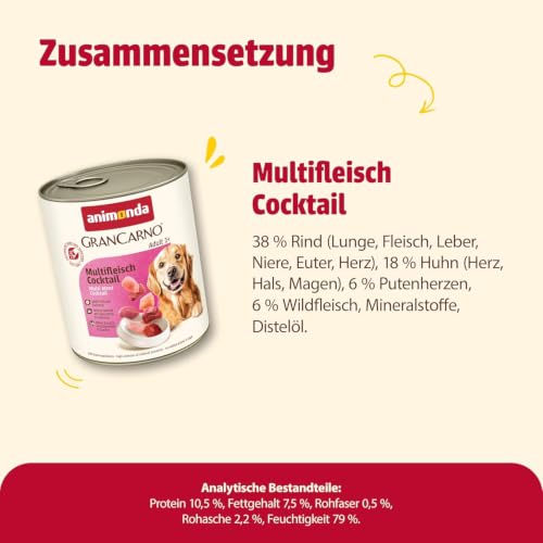animonda GranCarno Adult Multifleisch-Cocktail (6 x 800 g), Hundenassfutter für erwachsene Tiere, Nassfutter für Hunde mit 100 % frischen, fleischlichen Zutaten, Hundefutter ohne Getreide